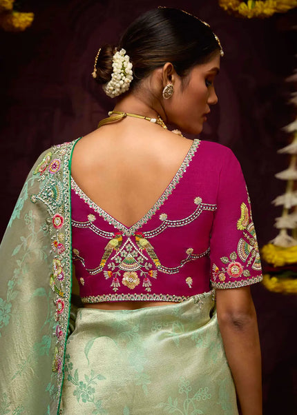 Pink and Sea Green Embroidered Wedding Saree