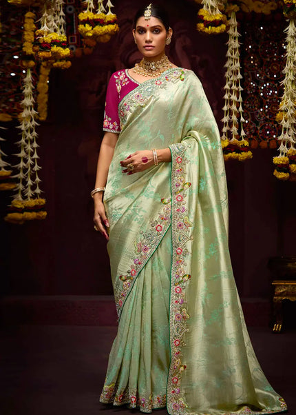 Pink and Sea Green Embroidered Wedding Saree
