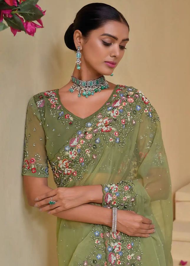 Green Embroidered Banarasi Tuscany Saree