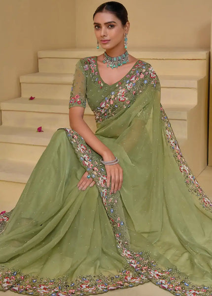 Green Embroidered Banarasi Tuscany Saree