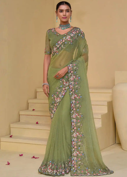 Green Embroidered Banarasi Tuscany Saree