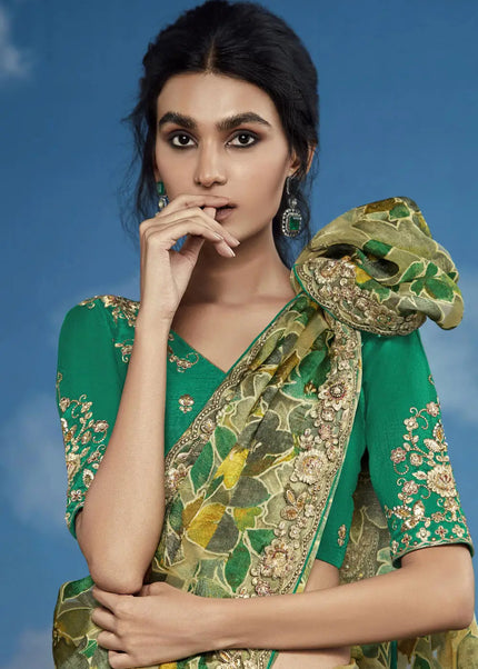 Green and Teal Embroidered Saree