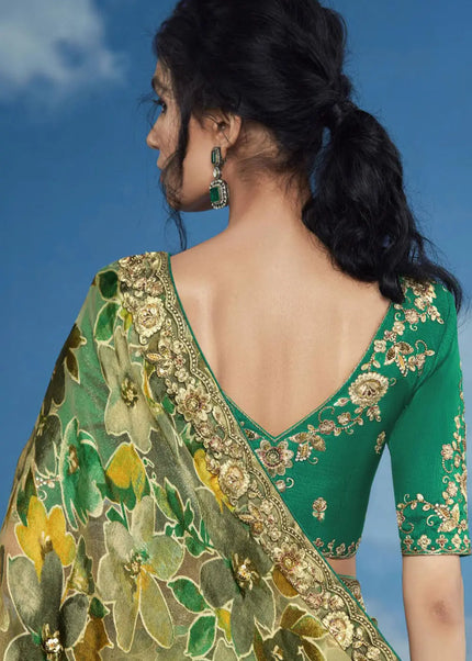 Green and Teal Embroidered Saree