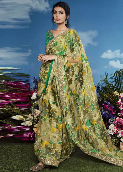 Green and Teal Embroidered Saree