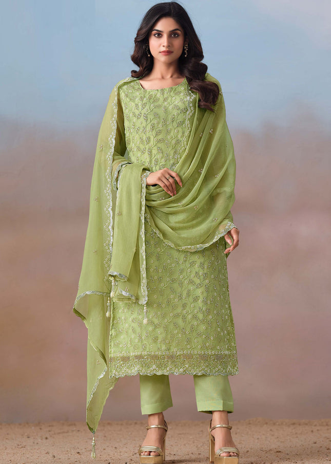 Green Embroidered Pant Suit