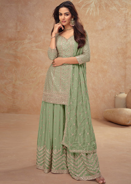 Sea Green Embroidered Sharara Suit