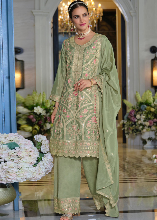 Green Embroidered Pant Style Suit