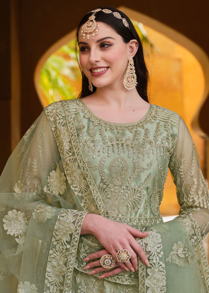 Green and Gold Embroidered Anarkali