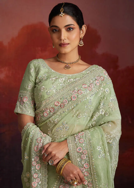 Sea Green Embroidered Saree