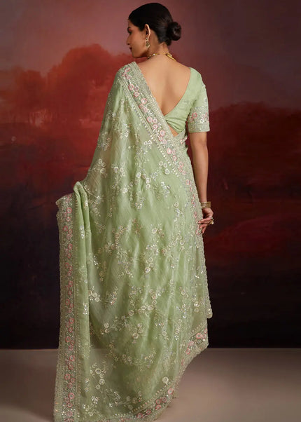 Sea Green Embroidered Saree