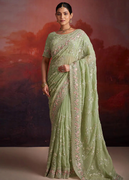 Sea Green Embroidered Saree