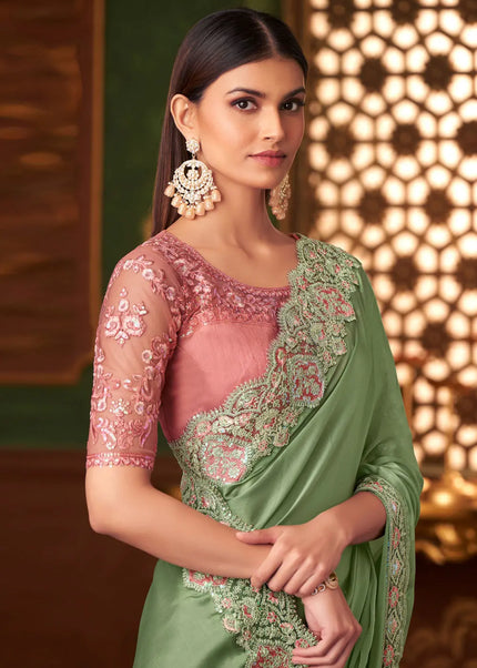 Green and Pink Embroidered Saree