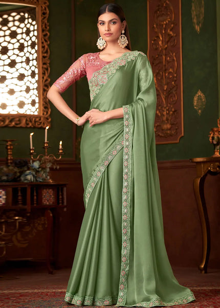 Green and Pink Embroidered Saree
