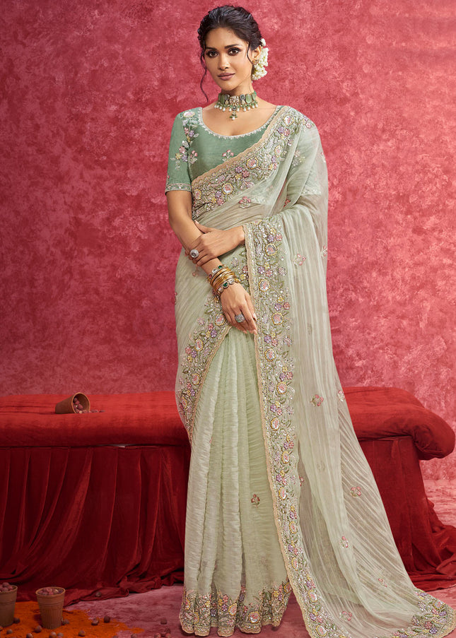 Sea Green Embroidered Wedding Saree