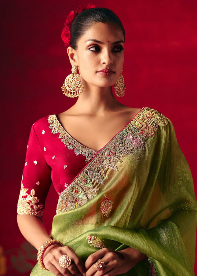 Green and Pink Embroidered Festive Saree
