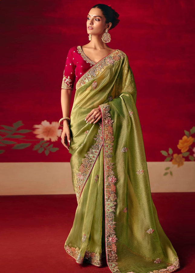 Green and Pink Embroidered Festive Saree