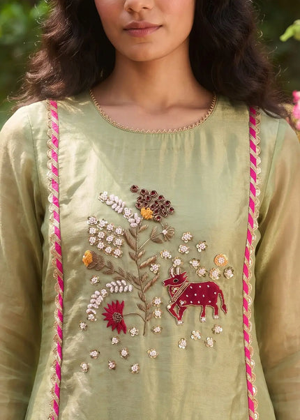 Green Embroidered Pant Suit
