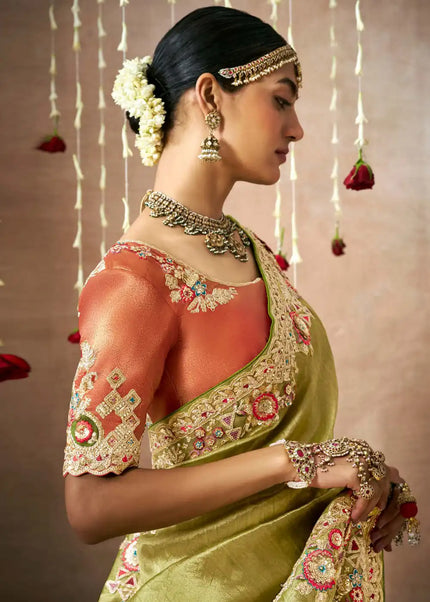 Peach and Green Embroidered Wedding Saree