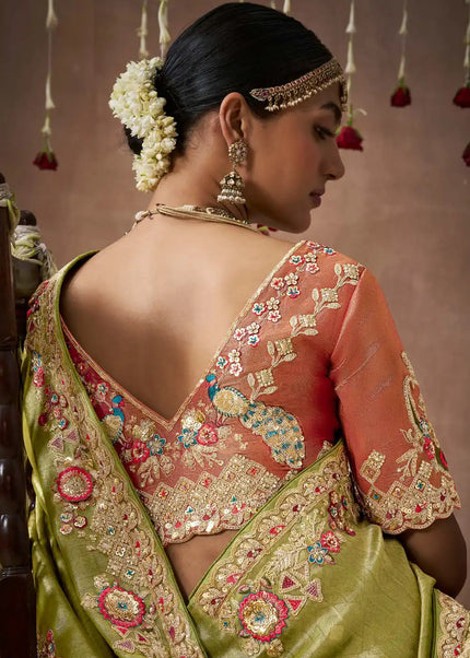 Peach and Green Embroidered Wedding Saree