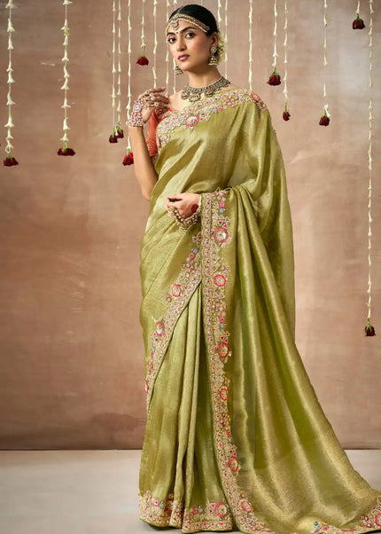 Peach and Green Embroidered Wedding Saree