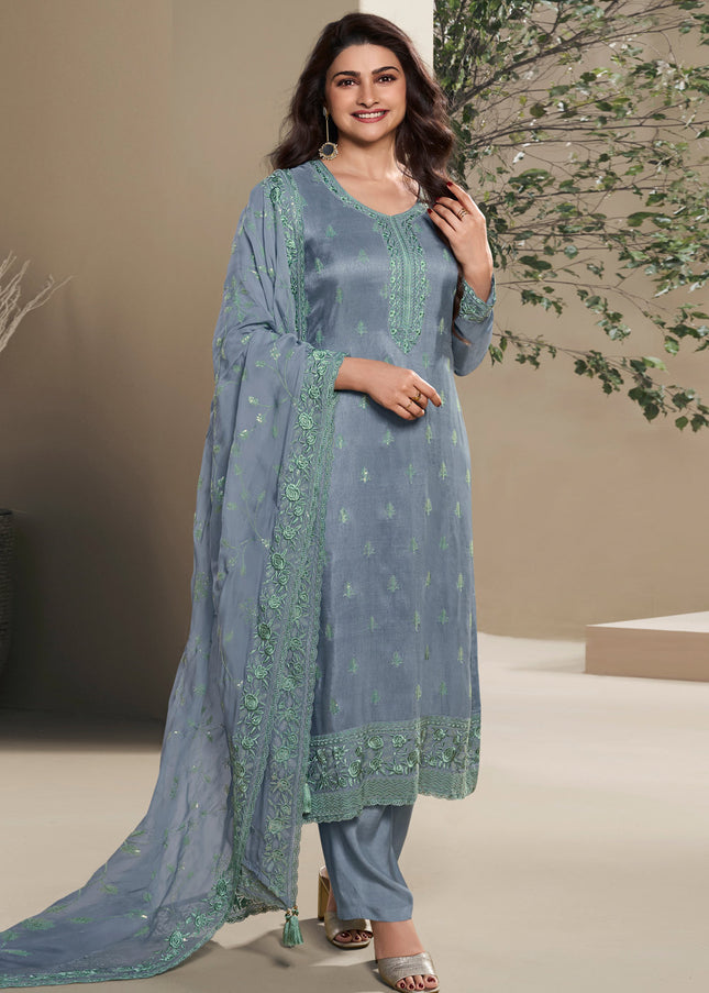 Blue Embroidered Pant Suit