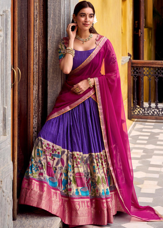 Purple and Pink Printed and Embroidered Lehenga Choli