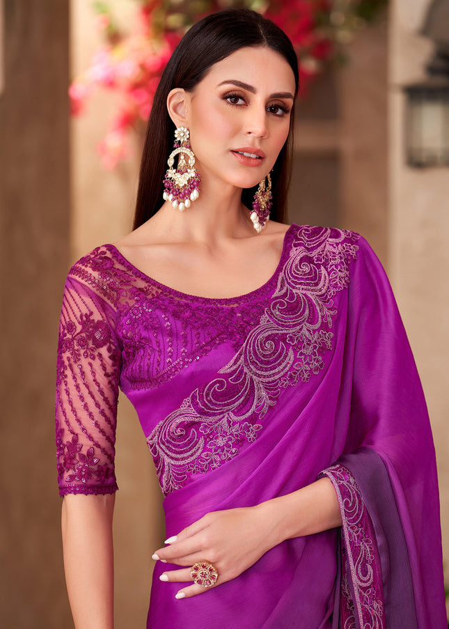 Purple Embroidered Saree