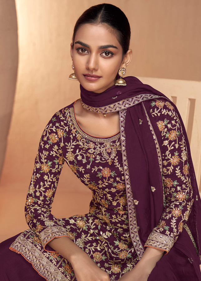 Purple Multi Embroidered Sharara Suit