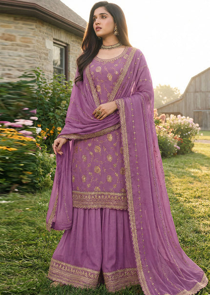 Purple Embroidered Sharara Suit