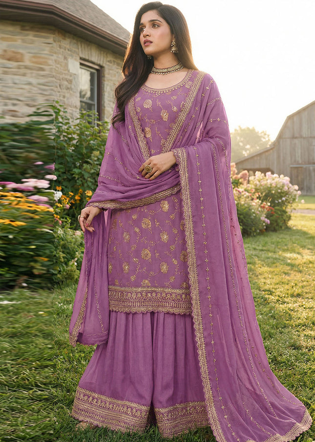 Purple Embroidered Sharara Suit