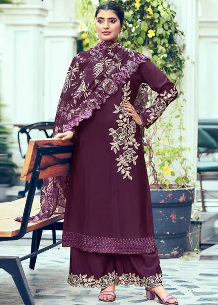 Purple Embroidered Palazzo Suit