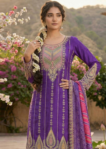 Purple Printed Embroidered Dhoti Style Suit