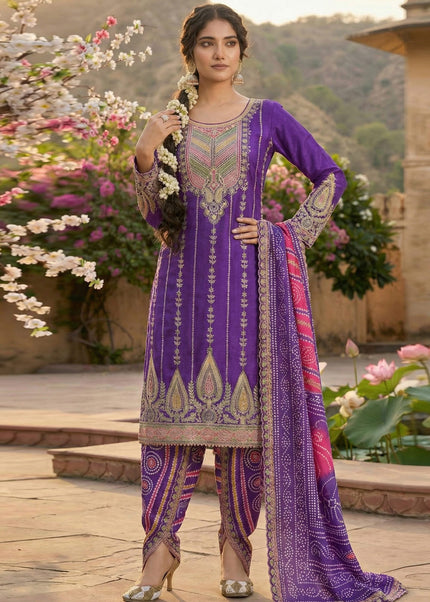 Purple Printed Embroidered Dhoti Style Suit