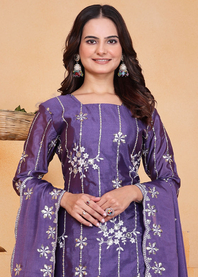 Purple Embroidered Sharara Suit