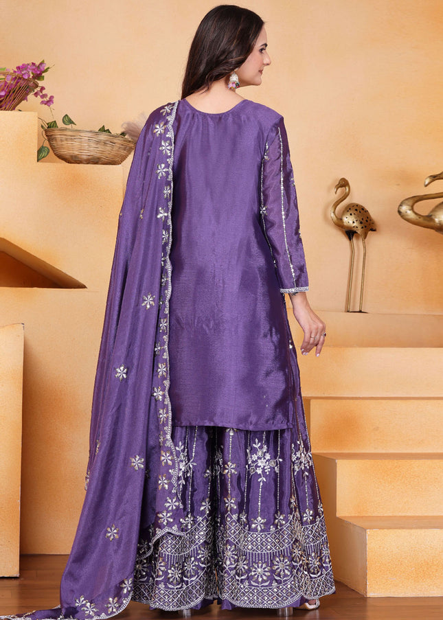 Purple Embroidered Sharara Suit