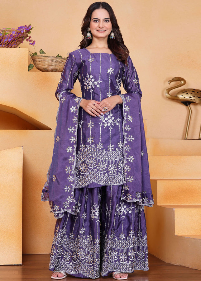 Purple Embroidered Sharara Suit