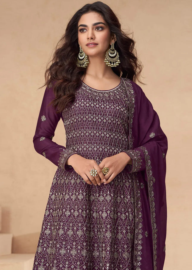 Purple Embroidered Sharara Suit