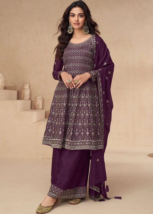 Purple Embroidered Sharara Suit