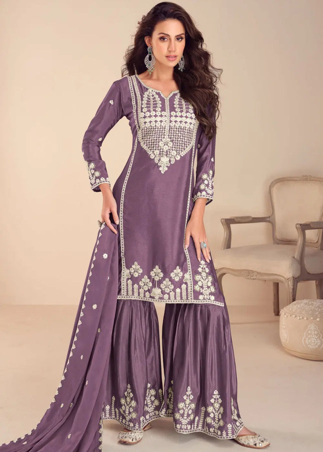 Purple Embroidered Gharara Suit