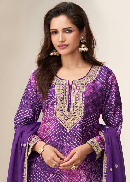 Purple Printed and Embroidered Sharara Suit