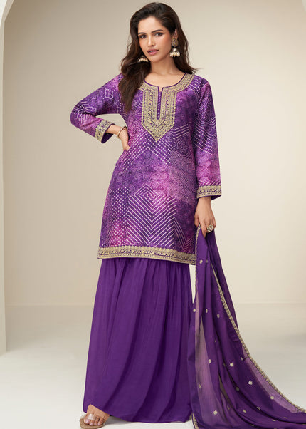 Purple Printed and Embroidered Sharara Suit