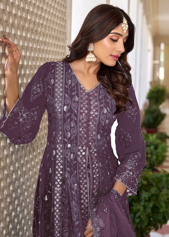 Purple Embroidered Pant Style Anarkali