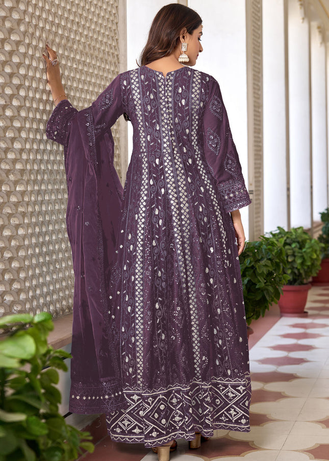 Purple Embroidered Pant Style Anarkali