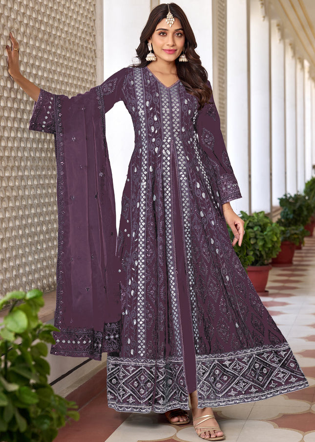 Purple Embroidered Pant Style Anarkali