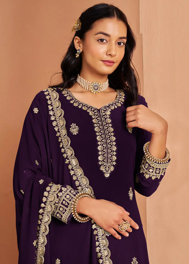 Purple Embroidered Sharara Suit