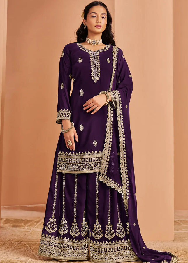 Purple Embroidered Sharara Suit