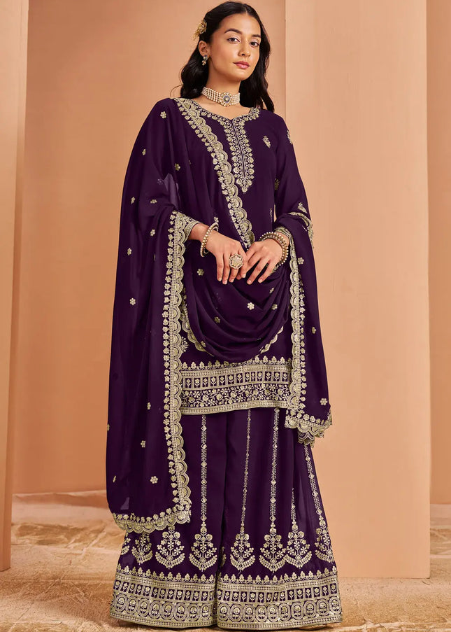 Purple Embroidered Sharara Suit