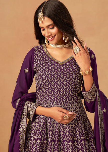 Purple Embroidered Sharara Suit