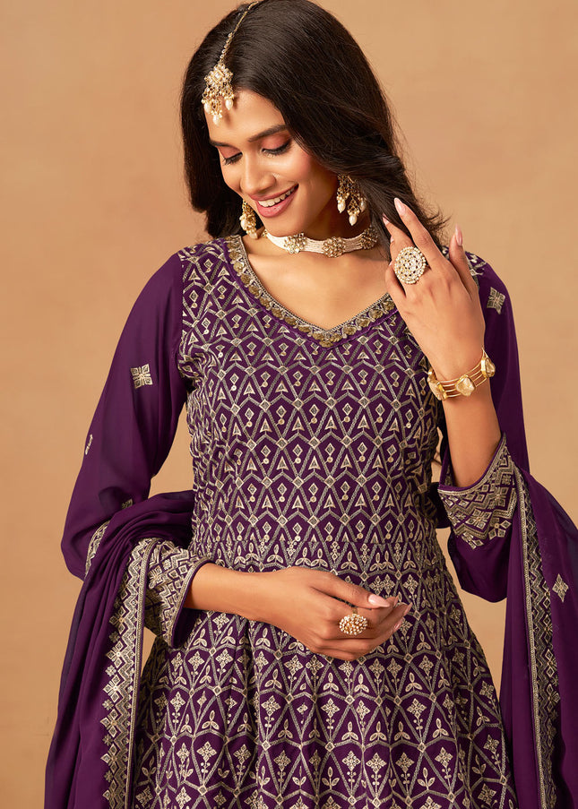Purple Embroidered Sharara Suit