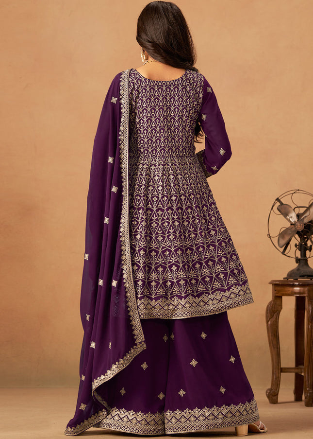 Purple Embroidered Sharara Suit